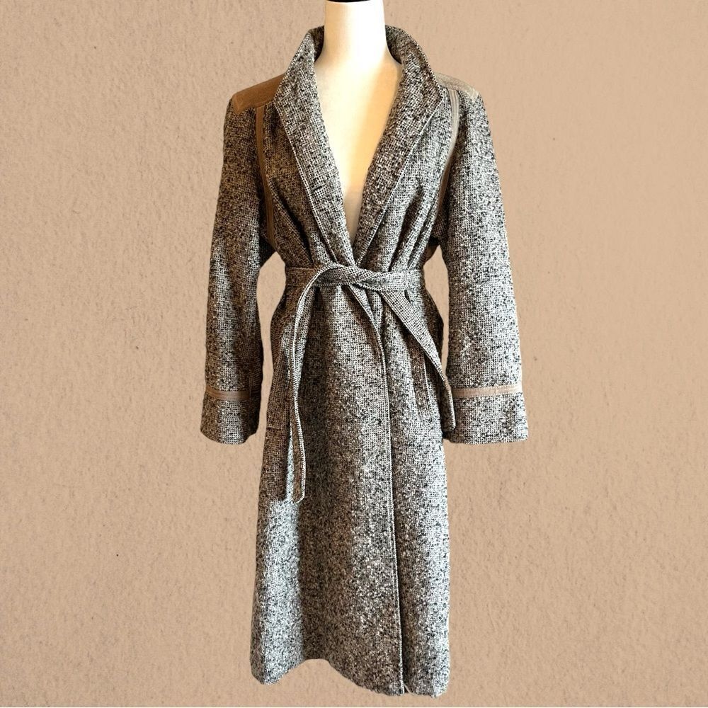Vintage Jocardi tweed coat leather trim waist tie